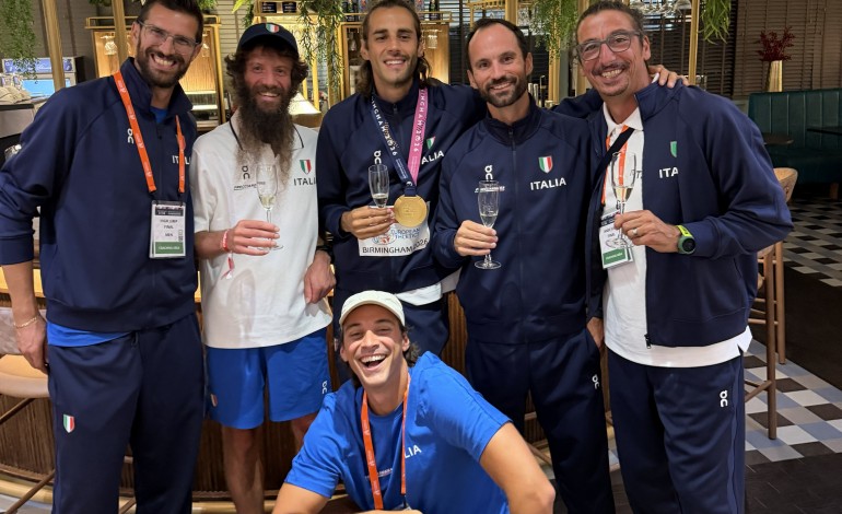 Tiago Gamelas (segundo a contar da direita) na celebração do ouro de Tamberi